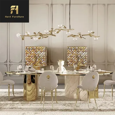 Custom Elegant Luxury White and Gold Marble Top Oval Dining Room Table With Brass and Stone Base for Home Villa Dining Table