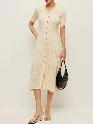 Women's Elegant Casual Knit Plain Dyed Midi A-Line Breathable Sweater Dress Solid Color Short Sleeve Polo Collar Button Fitted