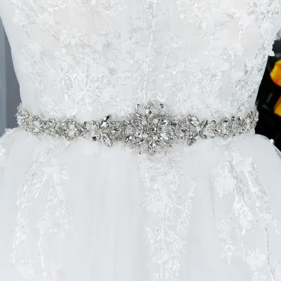Long Ribbon Belt Silver Rhinestone Crystal Sewable Applique Wedding Dress Bridal Decoration Waist Belt