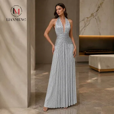 LM D389 Silver Satin Natural Halter Deep V Pleated Evening Dress Waist Ruched Sparkle Rhinestone Vertical Fold Floor Length