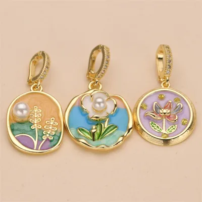 Hot Sale 18K Gold Plated Oil Painting Flower Pearl Pendant , DIY Enamel Charms Flower Charm for Necklace Earring Making