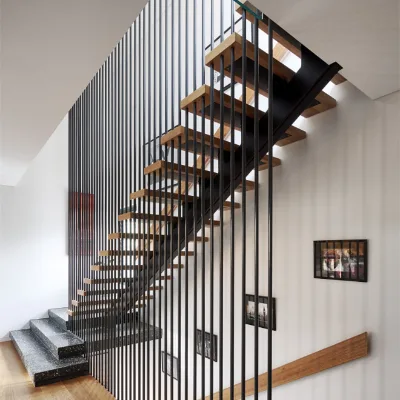 Modern Cantilever Floating Staircase with Black Vertical Metal Balustrade & Solid Wood Treads for Villa Interior