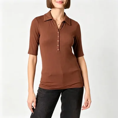Custom Women's Ribbed Polo Collar Half Sleeve Top Solid Color Button Placket Slim Fit T-Shirt Stretchy Knit Casual Lapel Tee