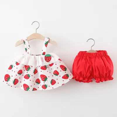 New Baby Girl's Casual Two-Piece Suit for Summer 123 Years Old Strawberry Pattern Print Skirt Pants for Spring Season