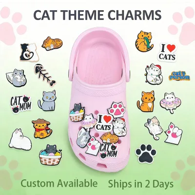 Wholesale Hyb Cute Cat Theme 2D PVC Fish Bone Clog Charms Cartoon Animal DIY Shoe Decorations for Kids & Adults Fujian