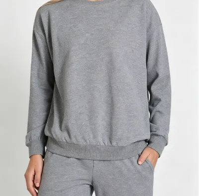 Women Heather Gray Crew Neck Sweatshirt Wide Leg Pants 2 Piece Tracksuit Set Oversized Drop Shoulder Soft Fleece Loungewear