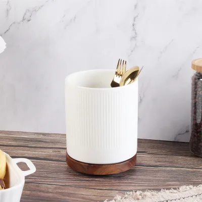 360° Rotating Large Kitchen Utensil Holder With Base Ceramic Cooking Utensil Holder for Kitchen Counter with Wooden Base
