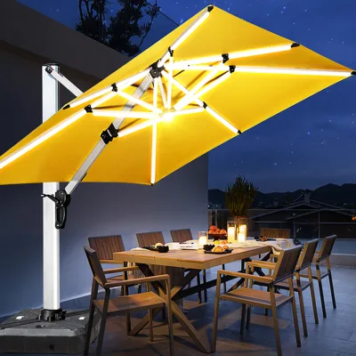 Modern Hotel Outdoor Aluminum Sunshade Parasol Manual Lift Solar Led Umbrella for Patio