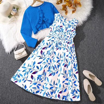 Trending Summer 8-12Year Old Cloths Children Gown Big Teen Girl Dress + Long Sleeve Coat