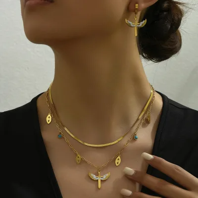 Retro Earring Necklace Set Niche Inlaid Zircon Ear Buckle Double Layer Design Long Clavicle Chain