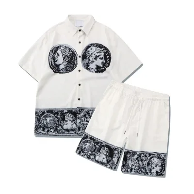 ODM Custom Logo Men Soft Thin Material Casual Wear Beach Button Shirts Drawstring Shorts Set