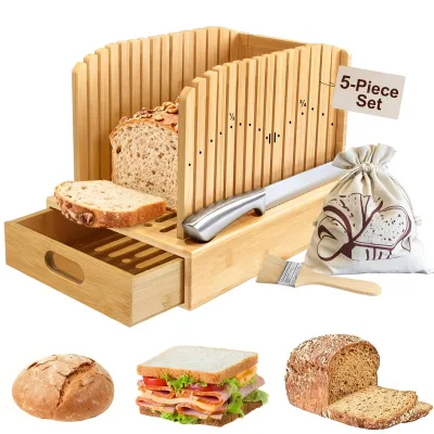 Bamboo Bread Slicer with Crumb Tray & Bread Bag Manual Adjustable Loaf Slicer Eco-Friendly Baking Tool