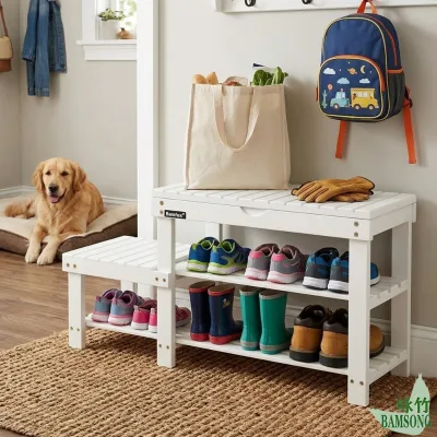 Shoe Rack Bench Bamboo White Durable Eco Friendly Small Apartment Hallway Foyer Use 2 Tier Shoe Storage Shelf Entryway Bench