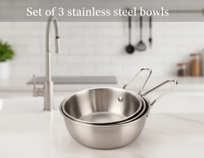 Set of 3 Stainless Steel Bowls With Handle Stackable Dipping Sauce Cups for BBQ Camping Kitchen