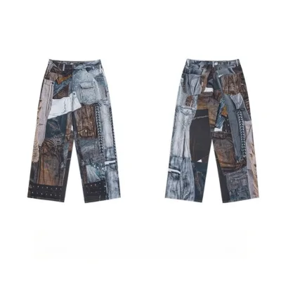 HEZ Custom High Waist Loose Baggy Denim Jean Pants Streetwear Trompe L'oeil Denim Graphic Print Washed Technics Hip Hop Inspired