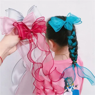 Bright Colors Hair Ribbon-Organza Bow With Long Tail Ribbon Elegant and fashionable Large Bow Metal Spring Clip bow hair clip