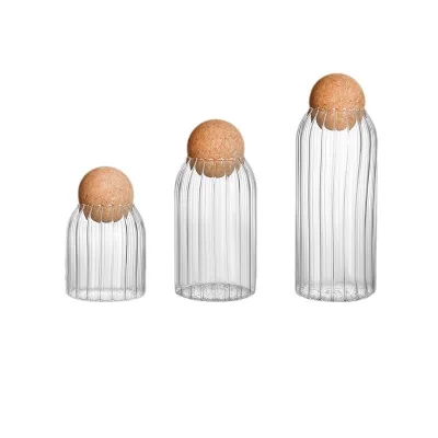 Japanese Style Transparent Cork Stripe Glass Storage Jar Organizer Sealed for Grains Coffee Beans Food Ball-Shaped Bottle