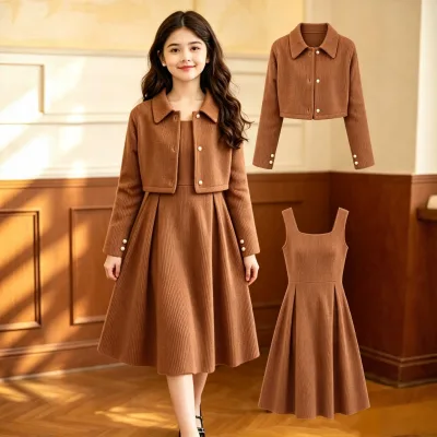 Girls Autumn/Winter Outfit 2026 New Brown Coat Suspender Long Skirt Two-Piece Set Preppy-Style Long-Sleeve Polyester Fiber