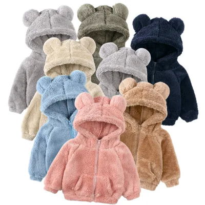 Ins Autumn Winter Children Unisex Warm Velvet Wool Cute Hooded Bear Hooded Loose Jacket Outwear Clothes Kids Coat