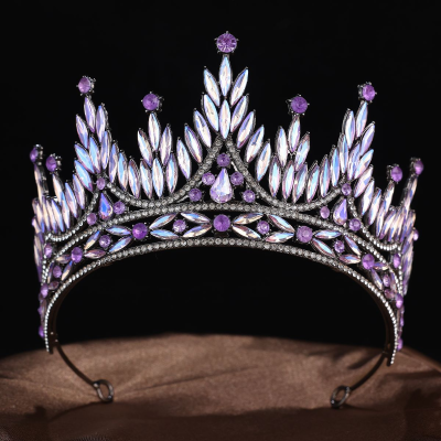 European Style Purple Crystal Handmade Inlaid Crown Gorgeous Leaf Shaped Wedding Tiara Elegant Wavy Shaped Queen Alloy Tiaras