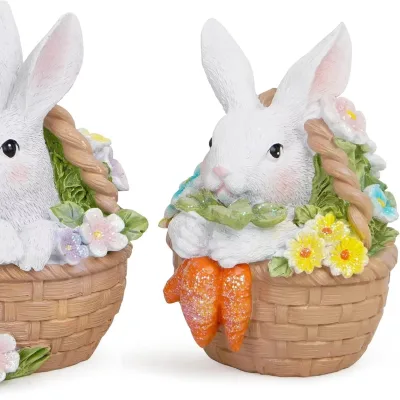 Easter Bunny Decorations Spring Flower Basket Bunny Figurines Decor for Easter Party Cute Rabbit Gifts Decor