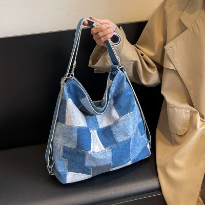 Custom Logo Denim Bag Women's New Large Capacity Jeans Tote Fashion Shoulder Travel Bag Patchwork Denim Shoulder Tote Bag