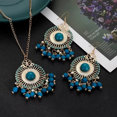 Boho Fashion Vintage Zinc Alloy Beads Tassel Earrings Set Women Handmade Gold Color Rope Wrap Necklace Wedding Engagement Party