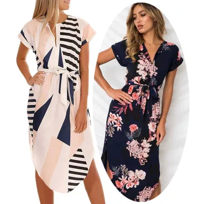 Womens Career Dresses Floral Print Geometric Pattern Belted Clothes Summer Fashion Trends Formal Long Skirt Office Dress