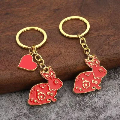 Wholesale Souvenir Lucky Rabbit Metal Keychain New Year Festive Vintage Style Carabiner Fashionable Cartoon Keyring Promotion