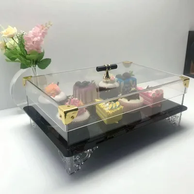 Acrylic Cake Stand Multipurpose Tray Elegant Gold Food Tray With Transparent Lid Snack Tray