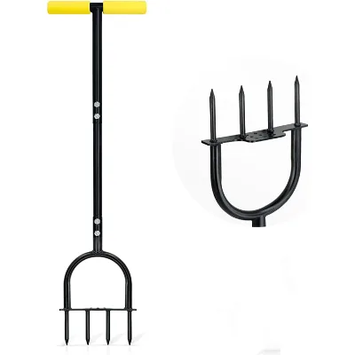 JH-Mech Heavy Duty Manual for Compacted Soils Non Slip T Handle Wide Foot Plate Carbon Steel Lawn Spike Aerator