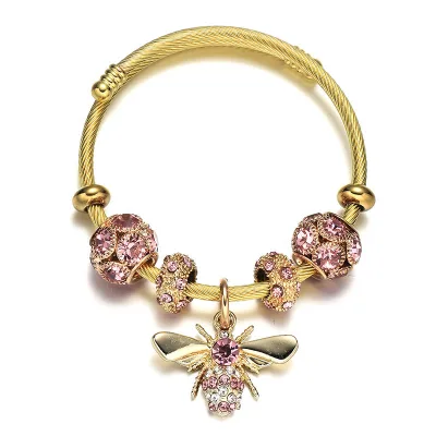 Hot Selling Jewelry Diamond and Bead Charm Bracelet Gold Plated Stainless Steel BEE Bracelet