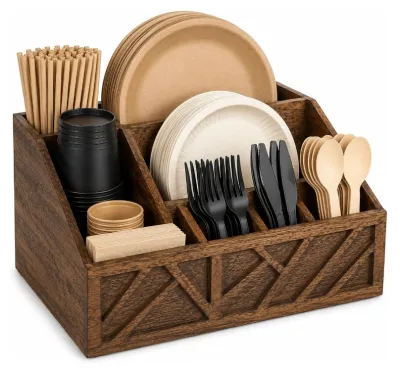 Velvet Petel Wooden Rectangular Durable Paper Plate Dispenser Holder | Kitchen Counter Utensil Silverware Organizer | Box