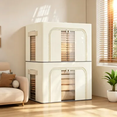 Foldable Fabric Storage Box with Steel Frame Large Capacity Clothes Organizer with Front & Top Opening Clear Window for Closet