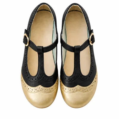 Kids Brogue T-Bar Dress Shoes Black and Gold Toddler Mary Jane T-Strap Flats Children Formal School Shoes for Party Wedding