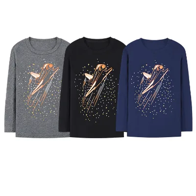 Three-pack Spring Autumn New Dark Blue Kids Clothing Printed Spacecraft 100% Cotton Casual Boy Long Sleeve T Shirt