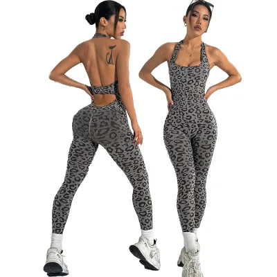 Fashion Seamless Leopard Print Sleeveless Jumpsuit Skinny Halterneck Hollow Back Hip-lift Yoga Jumpsuit Long Pants
