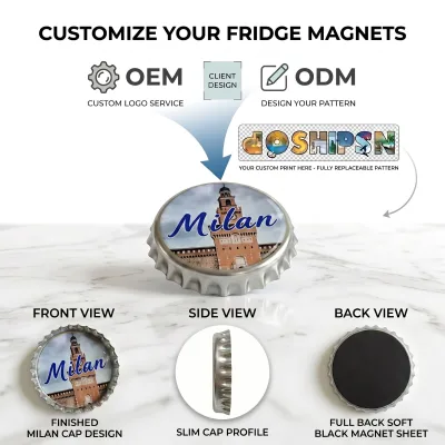 Modern Durable Denmark Milan Prague Luzern Vienna Tourist Souvenir Gift Bottle Cap Shaped Metal Tinplate Fridge Magnet