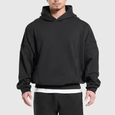 Solid Black Oversized Men Hoodie Heavy French Terry Panel Stitching Deconstructed Minimal Streetwear Pullover Hoodie