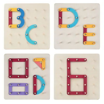 Montessori Wooden Pegboard Puzzle, Shape Letter Building Peg Board Toy with Pattern Cards for Kids