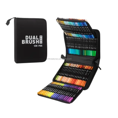 Water Based Ink Twin Dual Tips Assorted Colors Watercolor Brush Art Marker Pen with Fabric Bag Packing