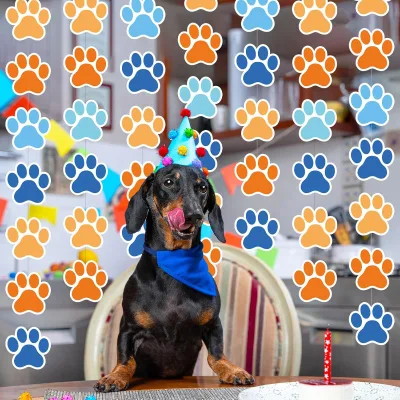 Dog Party Banner Decorations Paw Paper Garland Dog Birthday Paper Hanging Cutouts Colorful Dog Paw Banners for Kids