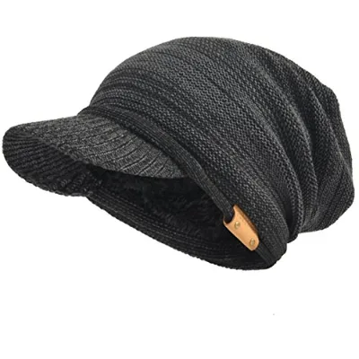 Unisex Adults Thick Fleece Lined Spandex/Cotton Solid Color Jacquard Knit Beanie Slouch Hat Visor Button Detail (Grey/Black)