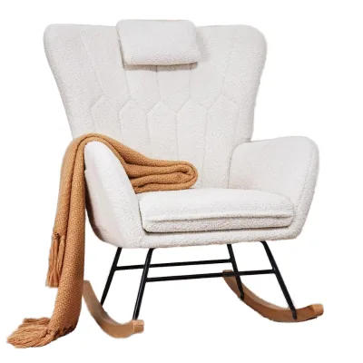 White Modern Teddy Accent Armchair with High Backrest Thick Headrest Padded Seat Wooden Rocking Nursery Glider for Living Room
