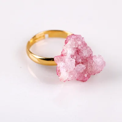 DIY Customized Gold Plated Natural Crystal Raw Stone Rose Quartz Ring Women 5 Color Ring