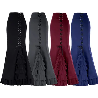 Vintage Gothic Long Party Skirts Women's Lace-Up Flounced Edge Punk Fish Tail Skirt New High Waisted Skirt Festival Clubwear