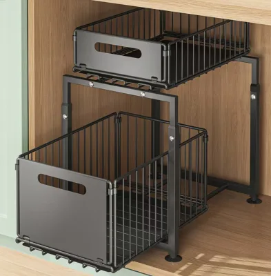 2 Tier European Detachable Pull Cabinet Organizer Sliding Basket Carbon Steel Melamine Storage Rack Kitchen Home Storage Spice