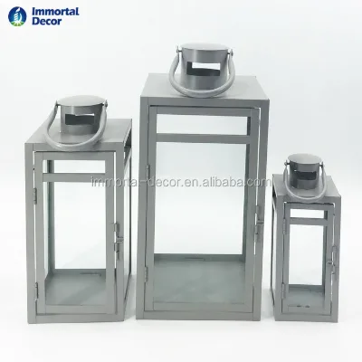 Grey Metal Lantern Set of 3 Normal Style Candle Can