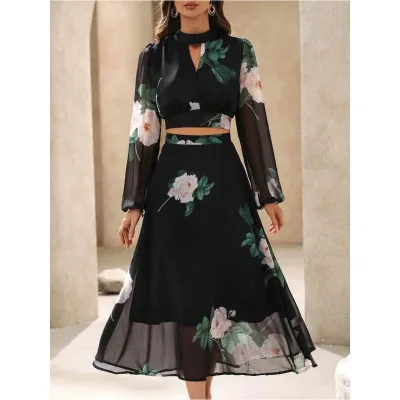 Casual 2 Piece Set Women Crop Top and Long Skirt Set Floral Print Long Sleeve Top Woven for Autumn Seasons