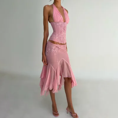 Two Piece Set Halter Deep V Chiffon Lace Corset Irregular Mesh Mermaid Skirt Outfit Vintage Floral Bodycon Party Vacation Sets